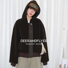 鹿与飞鸟“咖啡豆”双面穿内仿羊羔毛肌理感连帽PU皮衣外套6996