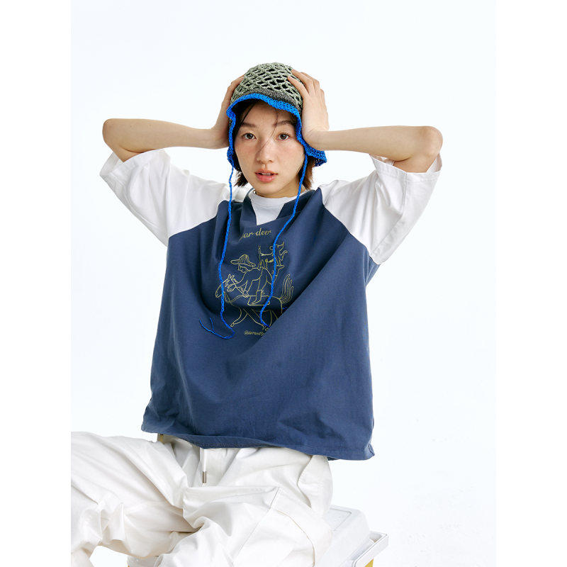 鹿与飞鸟[波子汽水]“柠檬藤灰蓝“撞色插肩袖刺绣短袖T恤5795,女装/女士精品,T恤,淘宝优惠券,粉丝福利购,淘宝优惠卷