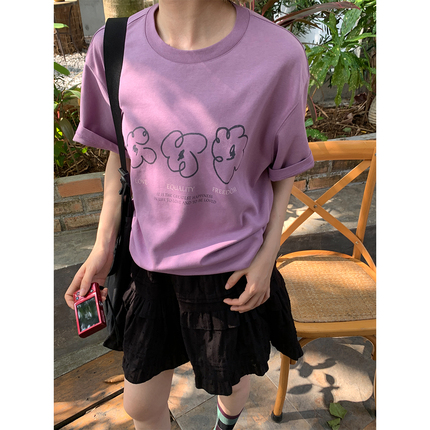 鹿与飞鸟[关于花朵]“香草芋泥”紫白双色空气层涂鸦花朵T恤5853