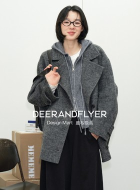 鹿与飞鸟“墨本街区”绵羊毛混纺复古茧型两色翻驳领毛呢大衣7119