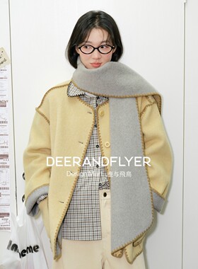 鹿与飞鸟“双面剧场”绵羊毛混纺双面两穿廓形毛呢外套配围巾D047