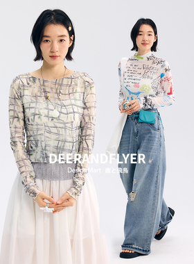 鹿与飞鸟涂鸦数码印花网纱长短袖6661/6695/6696