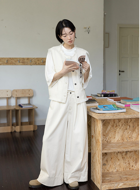 鹿与飞鸟“咖啡拿铁”层次感懒人|毛边马甲阔腿裤套装6142/6143