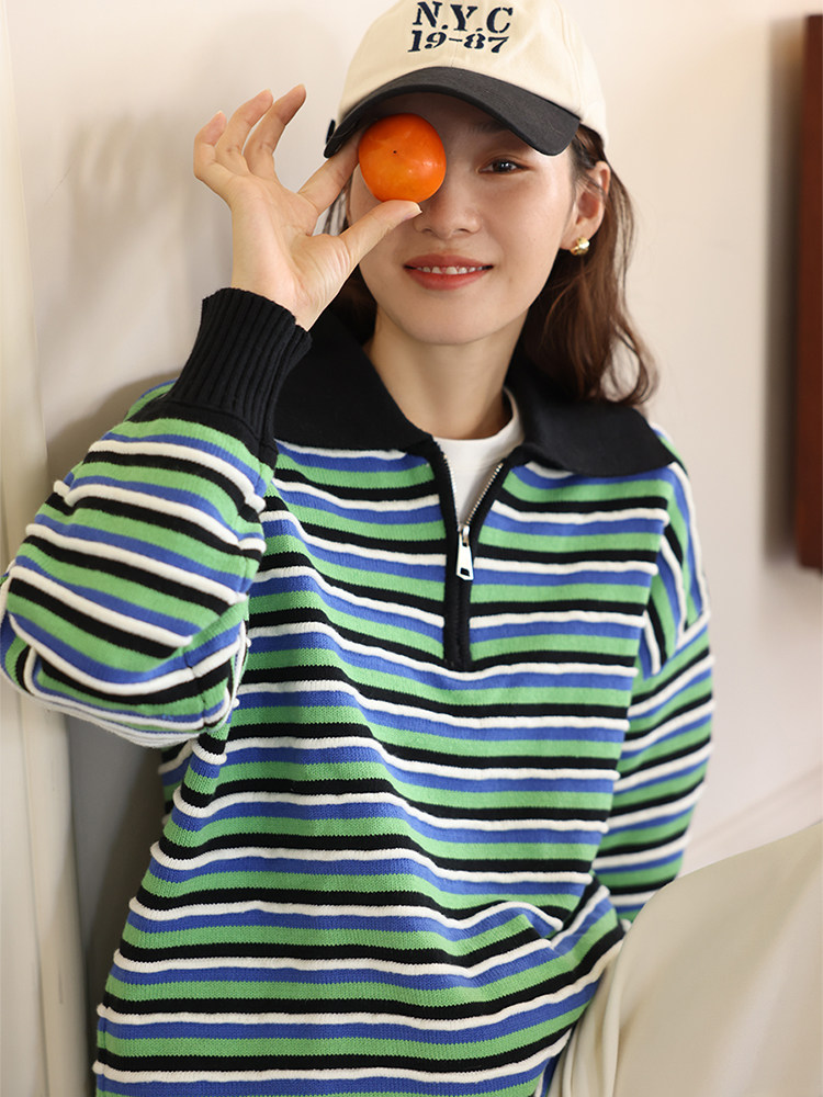 Deer and Flying Bird Autumn Clothes Japanese College Style Three-dimensional Striped Pullover Knitwear (Baking Soda) 4558