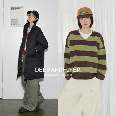 鹿与飞鸟中长工装羽绒服/polo领提花毛衣/宽条纹V领毛衣