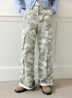 鹿与飞鸟奶fufu的奶油迷彩|微喇大口袋直筒工装裤5785丷
