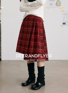 鹿与飞鸟“颂诞夜曲”不对称设计感通勤A摆两色百褶毛呢裙裤7190