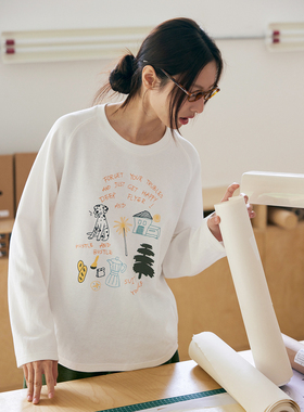 鹿与飞鸟“周末快乐”重工刺绣印花内搭长袖T恤6230