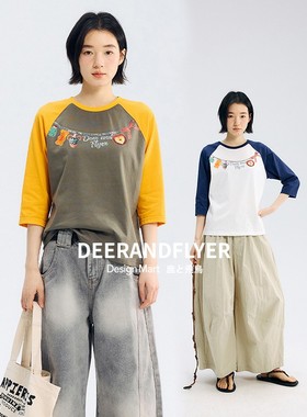鹿与飞鸟“玩趣时刻”环领彩喷印花三色插肩八分袖修身T恤6715