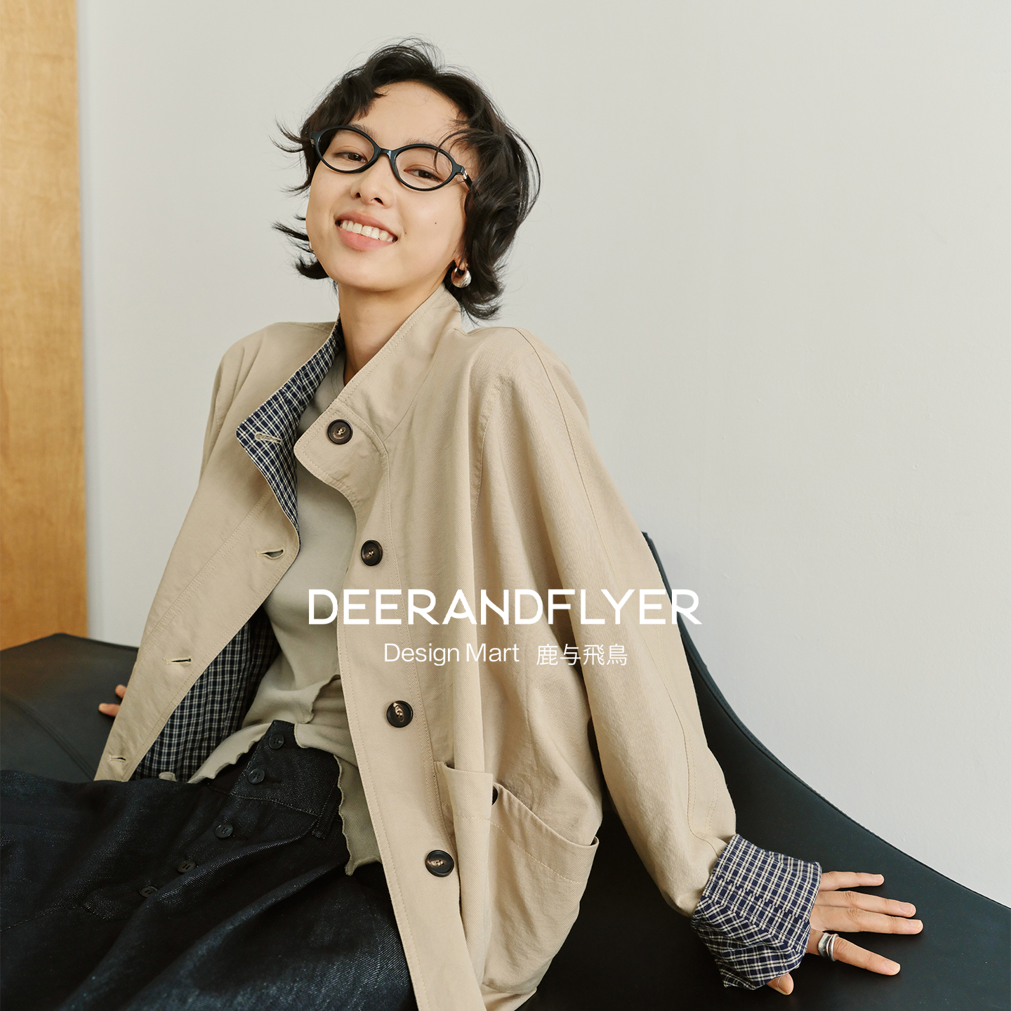 撞色格纹翻立领廓形夹克多穿外套