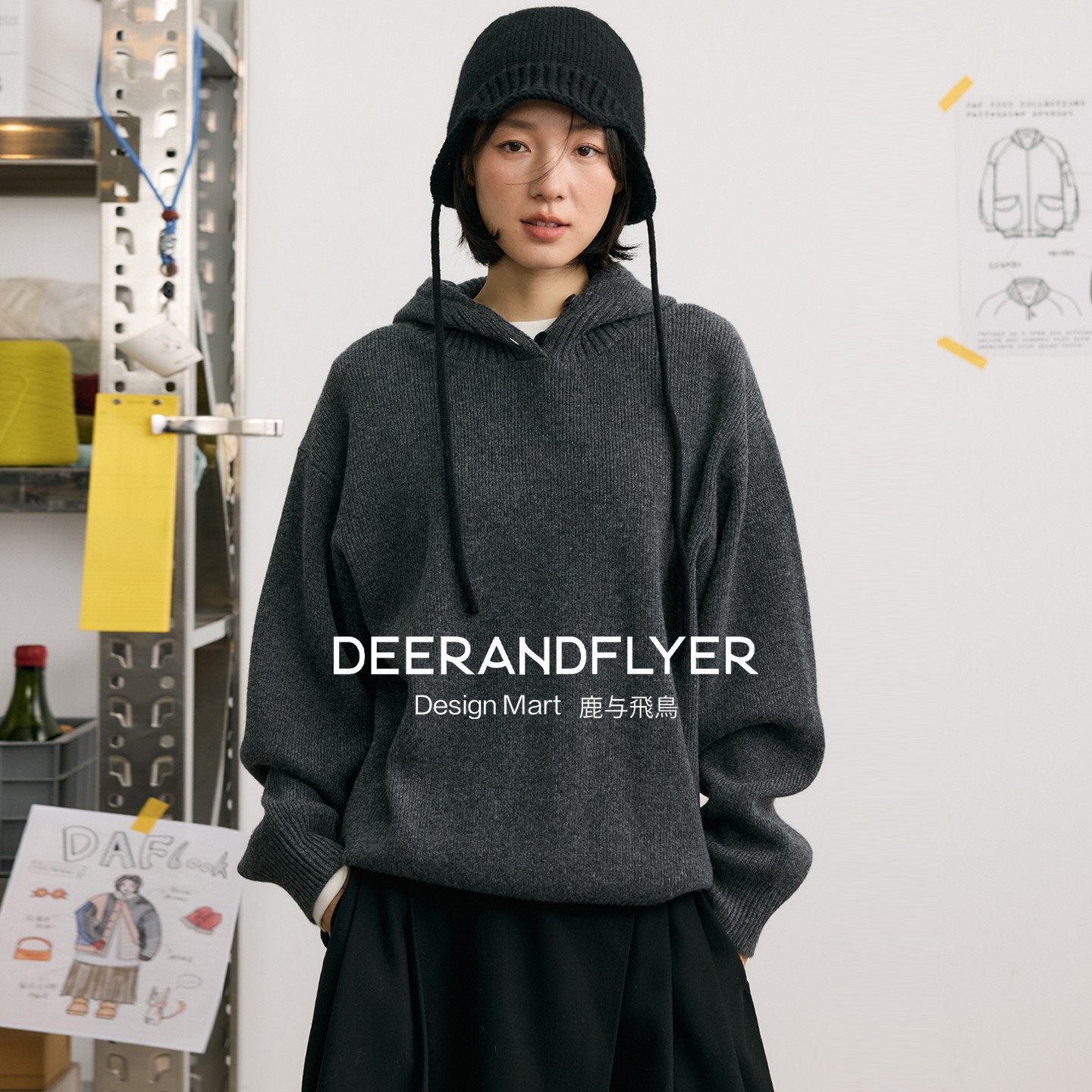 鹿与飞鸟“淡人舒适挂”慵懒风纽扣连帽深烟灰色套头针织毛衣7241