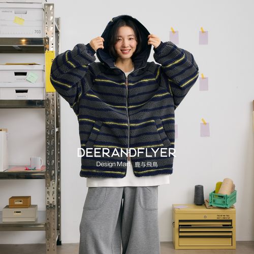 条纹提花仿羊羔毛连帽外套