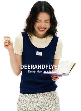 鹿与飞鸟“甜酒洋梨”多穿法真两件弹力合身四色短袖背心套装6596