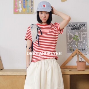 鹿与飞鸟「实穿主义」微磨毛高克重正肩显瘦日系条纹短袖 T恤7347