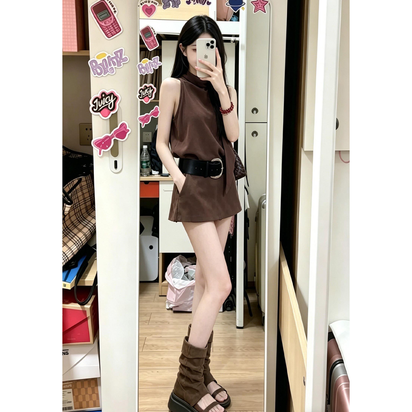 小个子独特别致连衣裙子女夏季2026新款小个子穿搭一整套咖色套装