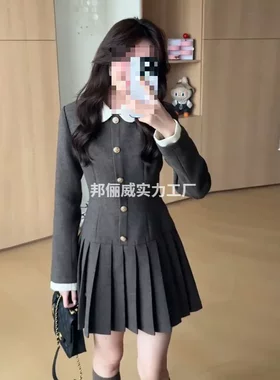 灰色娃娃领小香学院风连衣裙夏夏季新款显瘦气质网红高腰百褶短裙