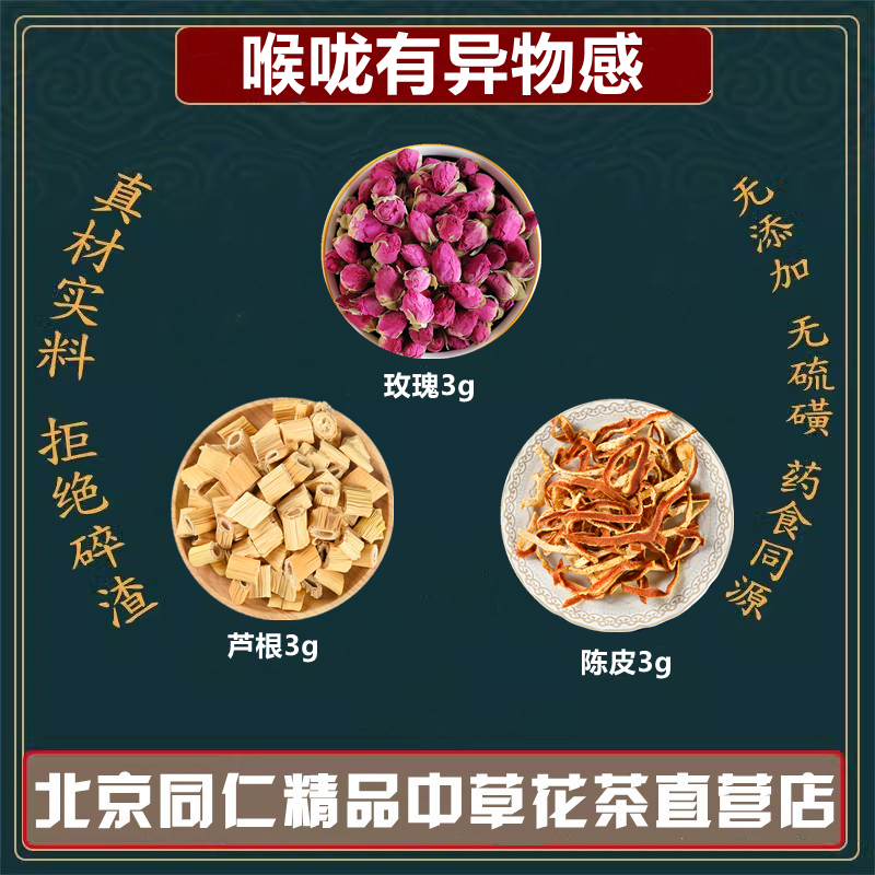 喉咙有异物感中药材同仁堂原材料玫瑰花陈皮芦根各3克煮水泡水
