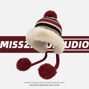 撞色条纹针织毛线帽女冬加绒加厚保暖帽子东北旅游防寒护耳雷锋帽