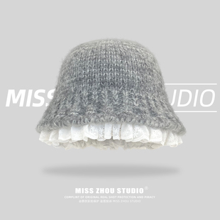 韩版ins博主慵懒风灰色针织渔夫帽女甜美花边显脸小保暖毛线盆帽