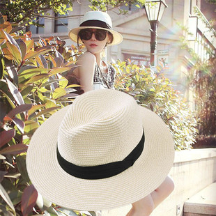 韩国白色草帽防晒遮阳帽子女夏天英伦礼帽韩版 出游百搭潮流沙滩帽