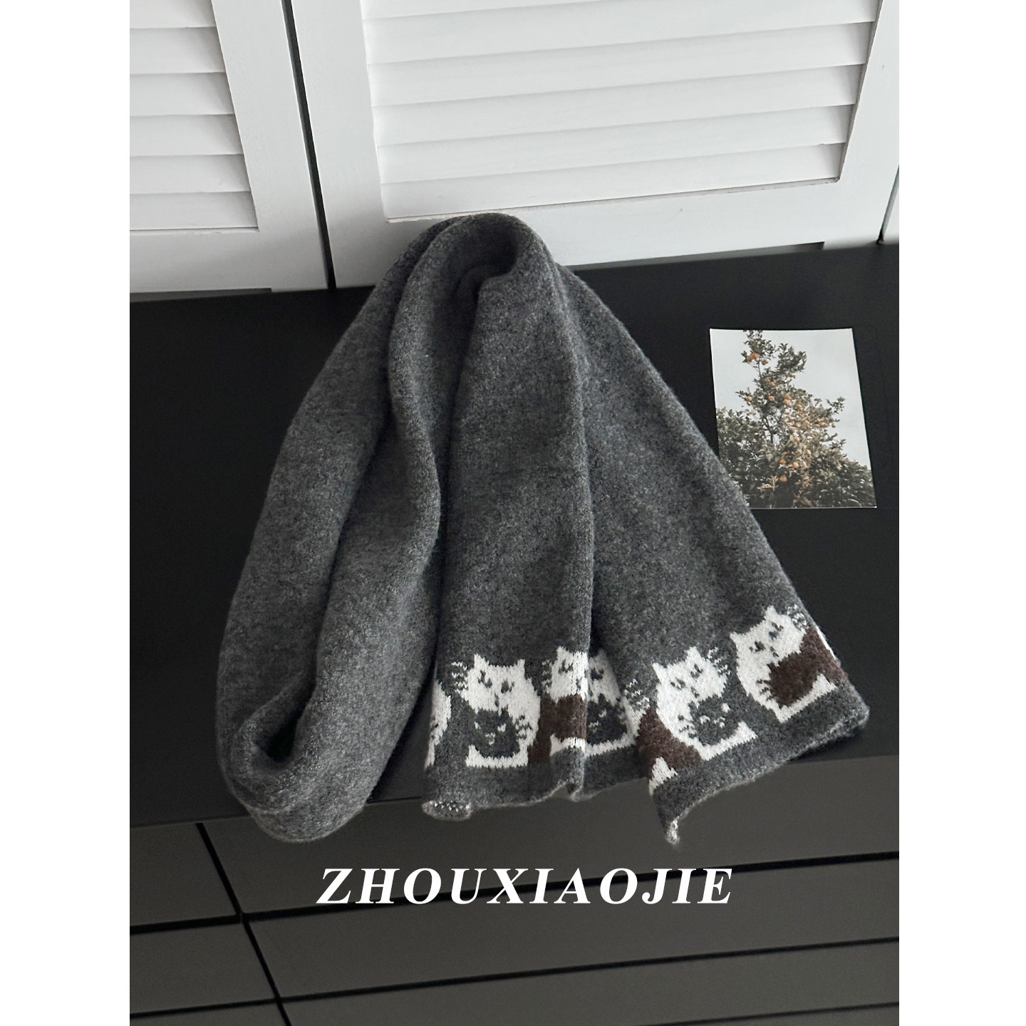 卡通刺绣猫咪围巾灰色针织女秋冬日常保暖百搭防寒护颈氛围感围脖