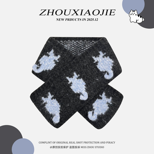 2025新款韩版猫咪针织交叉围巾女冬季保暖百搭学生短款围脖防寒潮
