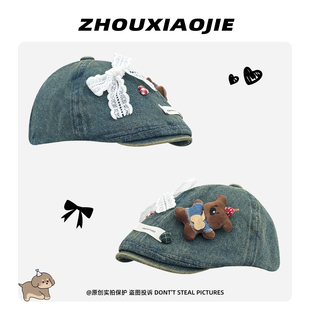 可爱玩偶小狗蝴蝶结前进帽女夏时尚水洗牛仔画家帽遮阳显脸小帽子