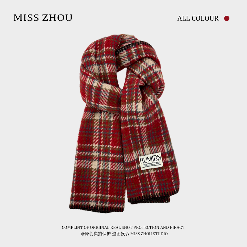 2025新款红色格子围巾女冬季氛围感穿搭新年礼物保暖围脖学生披肩