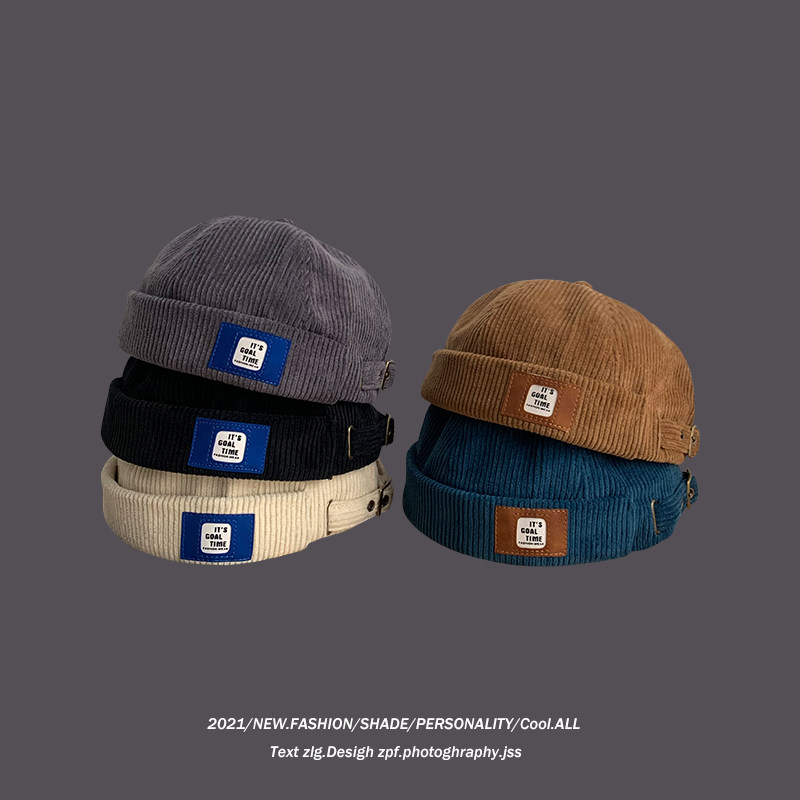 日系复古灯芯绒地主帽子男女潮秋冬季韩版街头时髦嘻哈无檐瓜皮帽