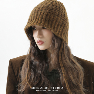 日系复古百搭针织盆帽女秋冬季2025新款保暖护耳毛线帽子显脸小潮