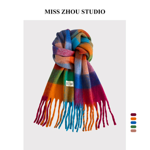 韩国彩色格子马海毛围巾女2025冬新款保暖加厚学生百搭披肩围脖男