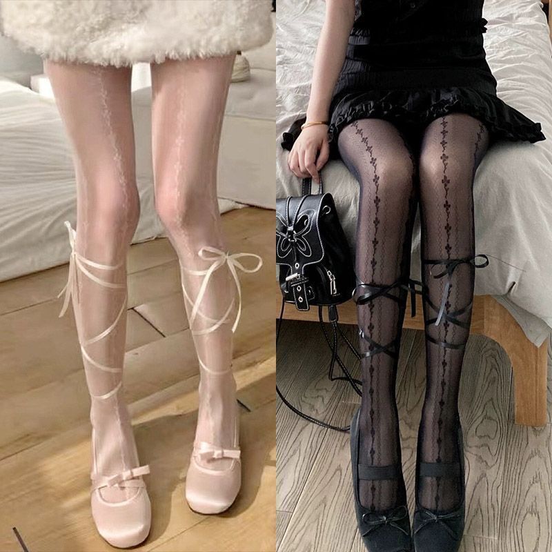 lolita白色丝袜女薄款纯欲jk打底袜子芭蕾风复古蕾丝绑带连裤袜子