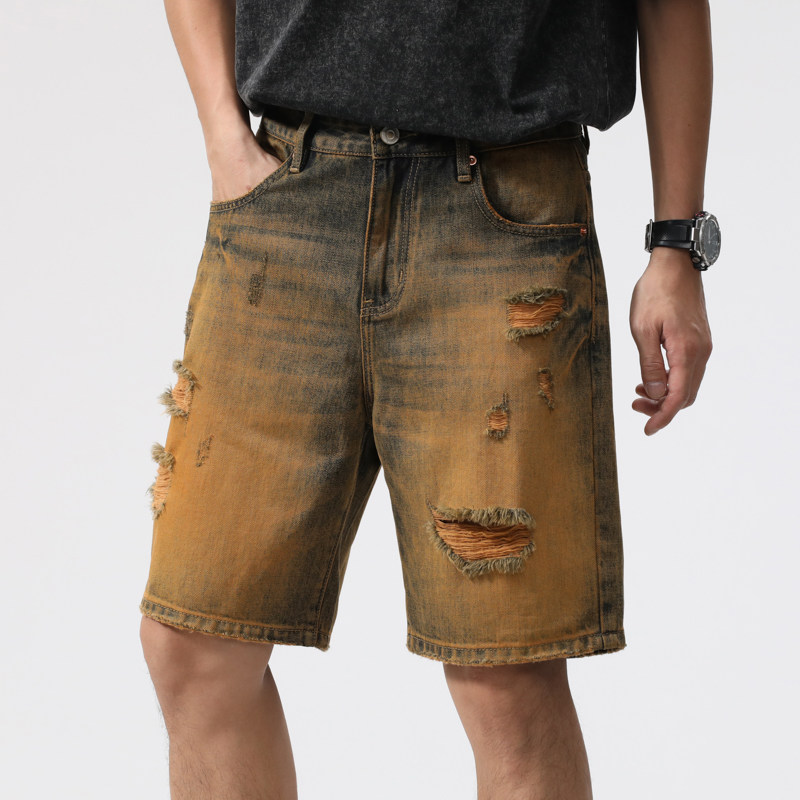 破洞牛仔短裤男夏季宽松直筒五分裤潮牌男士休闲5分中裤男士马裤