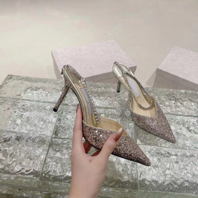 jc水晶鞋尖头亮片细跟高跟婚鞋新娘鞋网红包头水钻凉鞋