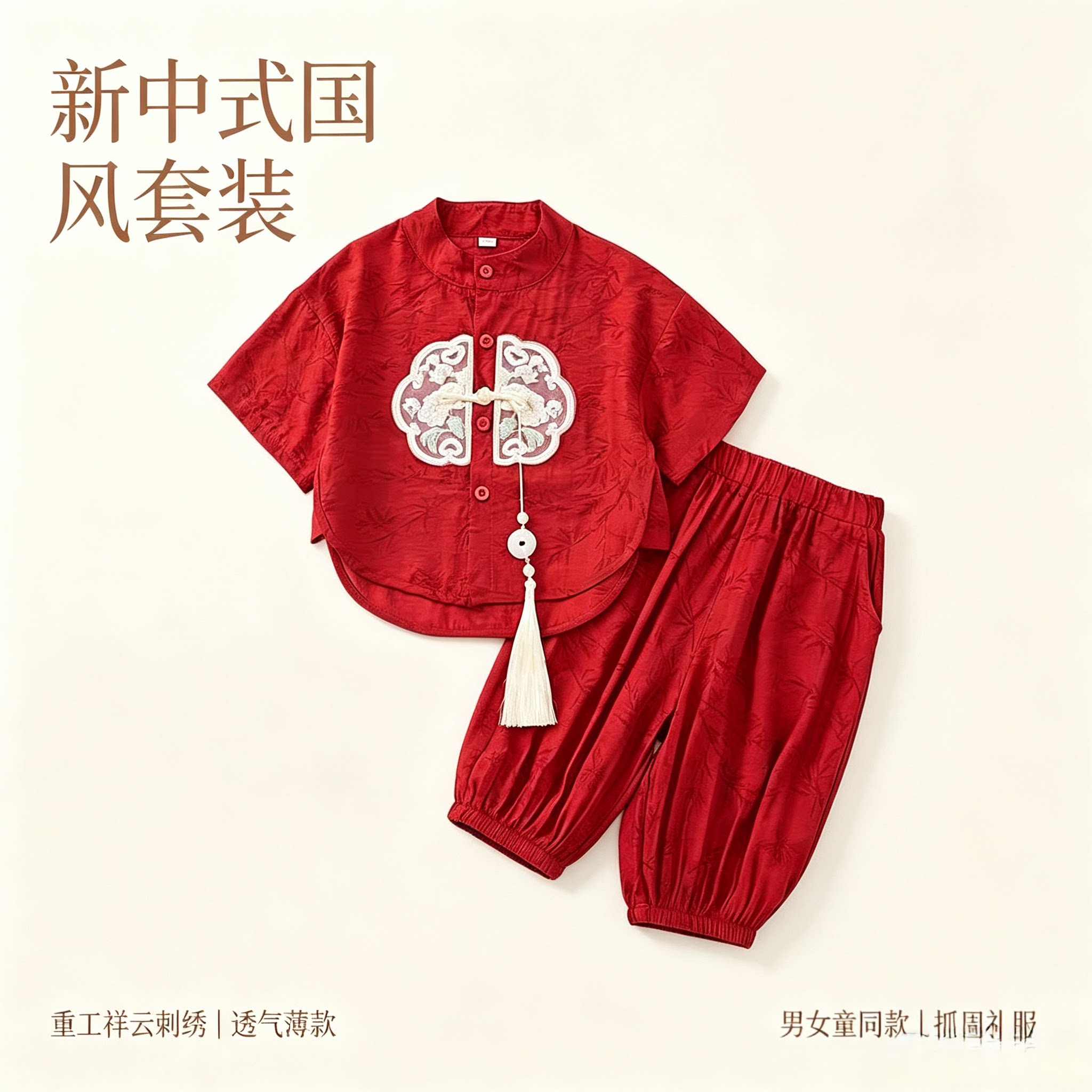 儿童新中式唐装套装夏男女童红色周岁抓周礼服宝宝国风古装演出服