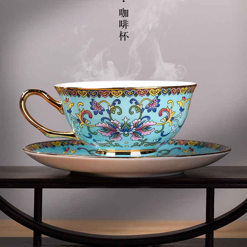 金边珐琅彩牛奶小咖啡杯礼品盒宫廷风家用骨瓷奢华情侣景德镇陶瓷