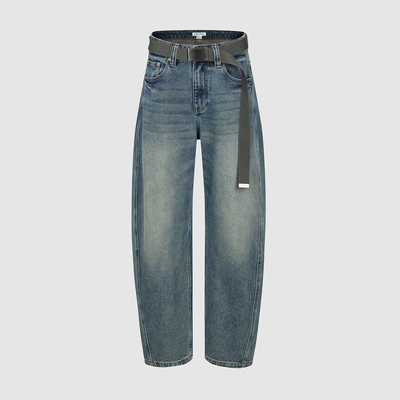 UR国内代购2025冬季女装潮流做旧水洗腰带弯刀牛仔长裤UYV850194