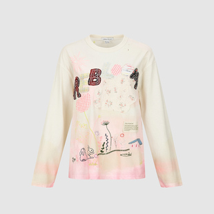 UR国内代购2026春季女装休闲创意撞色拼接布艺刺绣T恤UYL460068