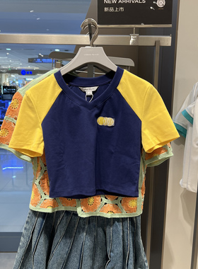 UR国内代购2025夏季女装复古运动风撞色刺绣短袖T恤UIU450013