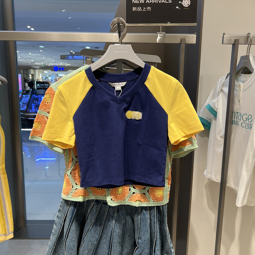 UR国内代购2025夏季女装复古运动风撞色刺绣短袖T恤UIU450013