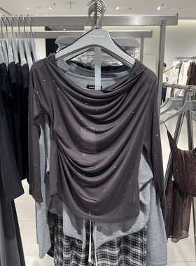 UR国内代购2025秋季女装气质一字领烫钻装饰长袖T恤UWJ450100