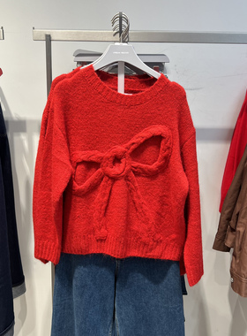 UR国内代购2025冬季女休闲设计感立体蝴蝶结红色针织衫UYY960001