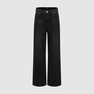 UR国内代购2025冬季女装魅力钻饰猫须棉质阔腿牛仔长裤UWG850215