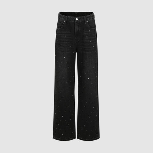 UR国内代购2025冬季女装魅力钻饰猫须棉质阔腿牛仔长裤UWG850215