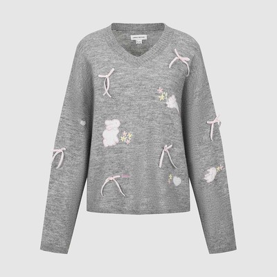 UR国内代购2025冬季女装休闲童趣提花蝴蝶结V领针织衫UYL950292