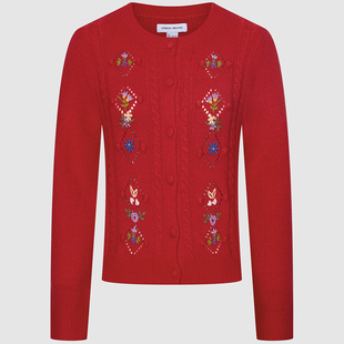 都市镂空花卉刺绣红色针织开衫 女装 UYU960017 2025冬季 UR国内代购