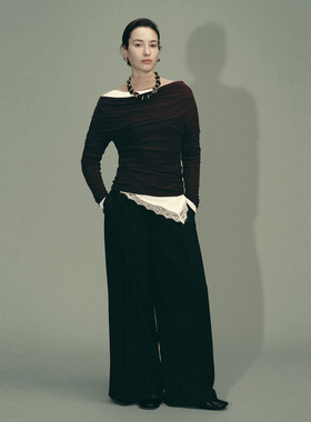 UR国内代购2026春季新款女装休闲百搭一字领褶皱T恤UWU460004