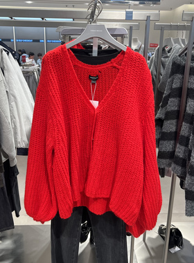 UR国内代购2025冬季女装潮流肌理感V领灯笼袖针织开衫UWJ950119
