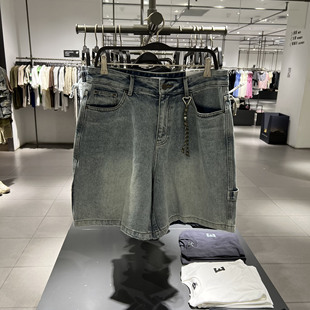 UR国内代购2025夏季男装复古潮流绳编挂件水洗牛仔短裤UML850055