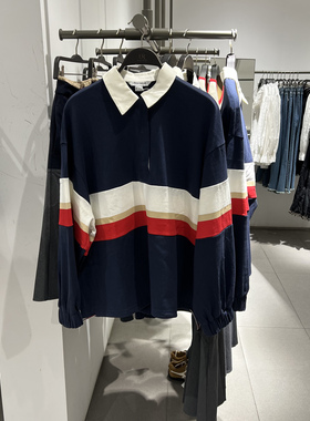 UR国内代购2025秋季女装休闲撞色条纹抽绳棉质马球衫UYL450214